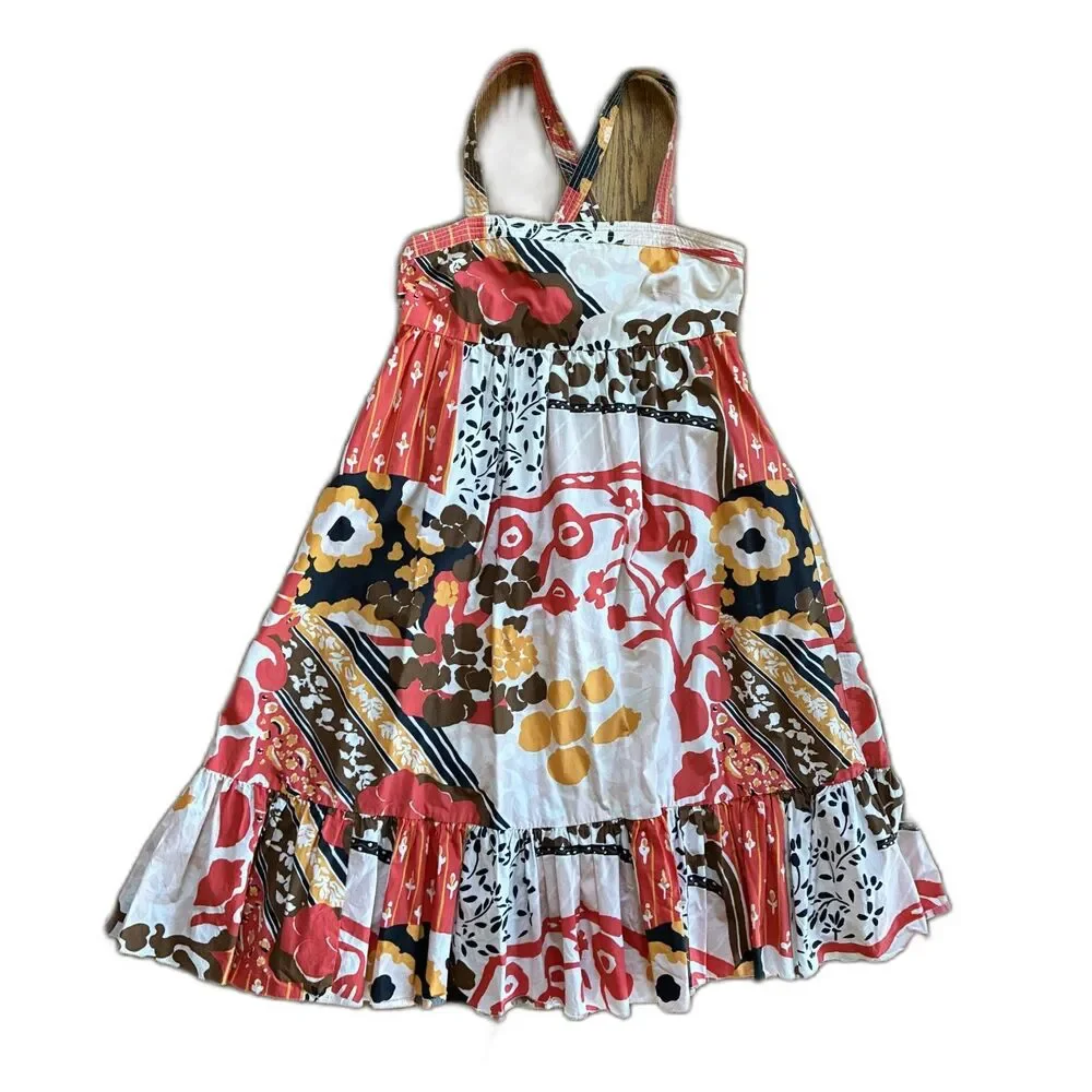 J. Crew Collection Orange Brown Patchwork Floral Summer Midi Dress  Women's Sz 6